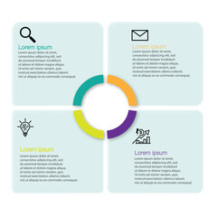 Infographic circular diagram with 4 options. Round chart that can be used for business presentations, educational resources, marketing materials, visualizing data, simplifying complex information.