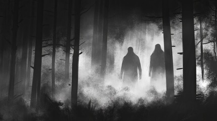 Ghostly figures emerging from the fog in the forest..
