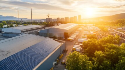 Industrial Warehouse with Solar Panels at Sunset in Urban Setting
