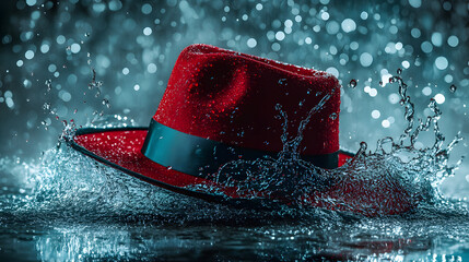 Striking close-up of a red fedora hat, angled slightly, immersed in a dynamic display of water splashes.  The dark background enhances the vibrant red hue of the hat.