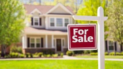 Obraz premium For Sale Sign in Front of a Modern Suburban Home Surrounded by Lush Greenery