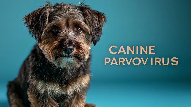 Adorable brown dog against a teal background, showcasing its expressive eyes with parvovirus warning message