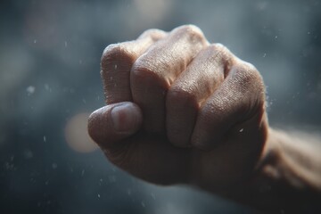 Naklejka premium Close-up of a person's clenched fist, dust particles floating in the air.