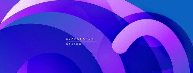 Abstract purple, blue layers create dynamic background. Modern design elements suggest fluidity, depth. Minimal text present.