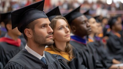 Fototapeta premium Graduates dressed in caps and gowns are focused on a keynote speaker addressing them during a commencement ceremony in an auditorium filled with attendees