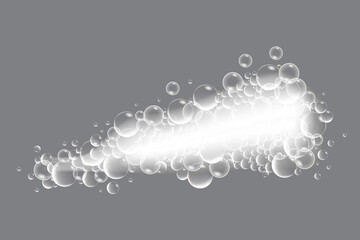 Soap bubbles, displaying unique designs, gracefully float on a plain gray surface