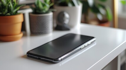 A sleek smartphone rests on a clean white table surrounded by potted plants creating a modern minimalist aesthetic at home or office.