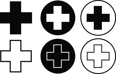 Plus sign icons set flat, outline styles. Add more symbols illustration. Addition vectors. Medical Plus silhouette for web site and mobile apps. Geometric elements isolated on transparent background.
