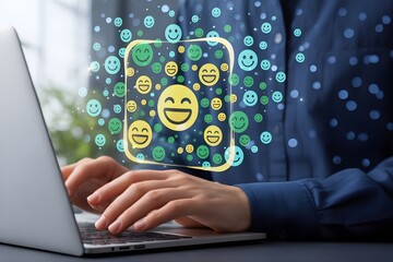 A person types on a laptop. Digital emoji and speech bubble icons float above, suggesting online happiness.