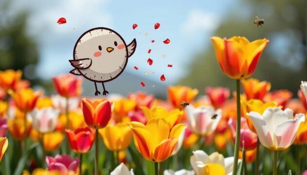 A round doodle bird with stumpy wings hovers above a photo realistic tulip field, scattering cartoon petals and glitter with each flap, while real bees buzz around the flowers below.