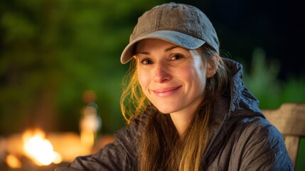 woman smiling at campfire at night
