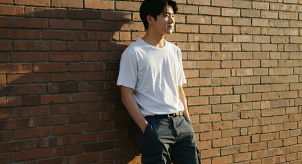 Asian man wearing blank white t-shirt and cargo pants