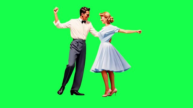 Retro dance couple vibrant animation, transparent 4K video, green screen