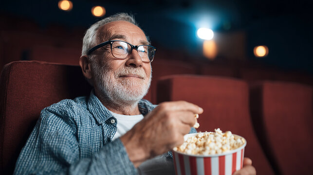 Elderly man enjoying a movie in a cinema and eat popcorn