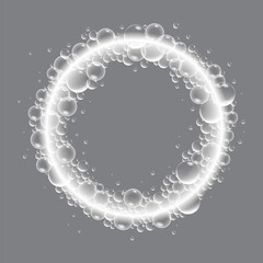 Soap bubbles, displaying unique designs, gracefully float on a plain gray surface