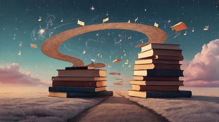 symbolic learning journey illustrated as a surreal path winding through floating books and glowing symbols in the sky, pastel minimalistic illustration