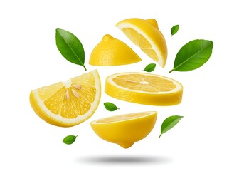 Floating lemon slices and leaves on a white background creating a refreshing and vibrant composition