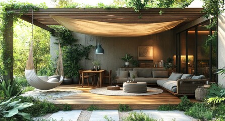 Fototapeta premium Tranquil outdoor patio space featuring a comfortable seating area.