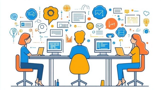 A group of professionals working together in a modern office setting engaged in discussions and using computers to brainstorm ideas and develop business strategies