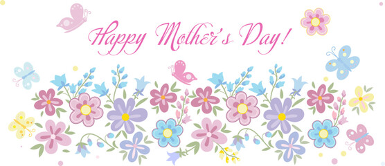 Mother's Day greeting card floral decoration with beautiful flowers and butterfly pattern design pink and yellow color Holiday, Birthday, Anniversary, invitation gifts for mom cozy elements frame art