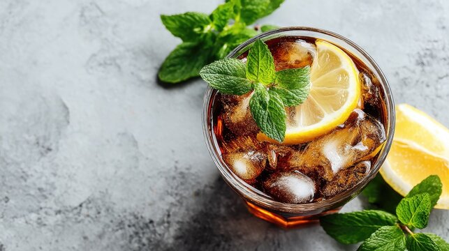 Iced cola drink with lemon slice and mint from top view on gray table, perfect for summer themes, beverage branding, and drink-related content designs