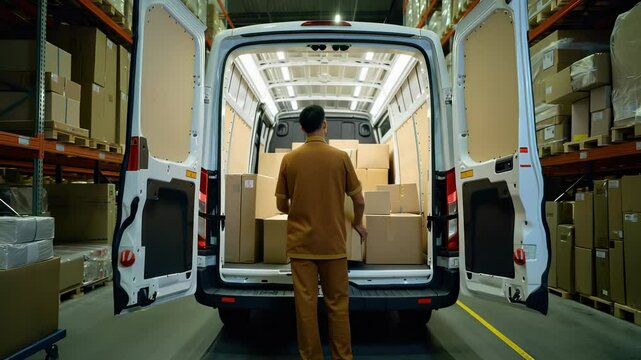 Delivery man carrying cardboard box to load into a van in a warehouse, surrounded by shelves full of packages, ensuring efficient logistics and timely delivery