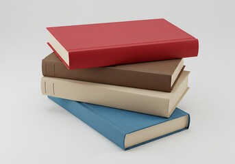 A stack of four closed hardcover books in red brown beige and blue on a white surface backdrop view