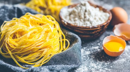 Fresh Homemade Pasta Ingredients with Flour, Eggs, and Noodles on a Rustic Kitchen Table for Culinary Inspiration