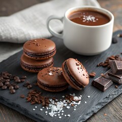 chocolate macarons with a hint of sea salt placed  with cocoa nibs and a steaming cup of hot chocolate.