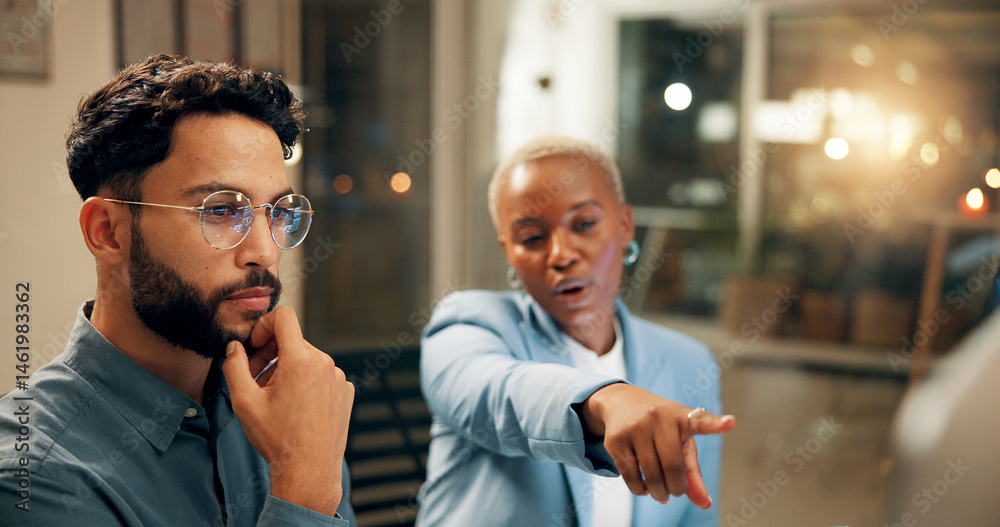 Poster Collaboration, computer and pointing with business people in office for problem solving or planning at night. Conversation, feedback or review with man and woman at work late for project management