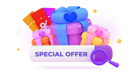 3d special offer Large gift box with discount coupons Discounts for online shopping Promo codes Gift certificates Holiday sale concept
