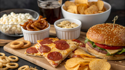 Food safety day, An overhead flat lay of a variety of delicious and healthy fast food items