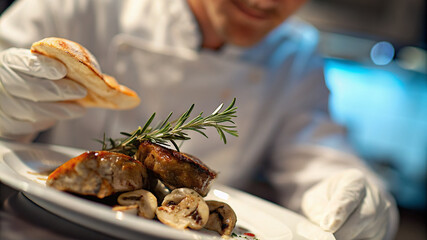 Food safety day, showcasing the final stage of plating a sophisticated meat entr&eacute;e, with a chef's gloved hands