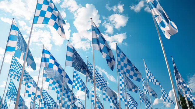 Bavarian flags fluttering against a blue sky.
