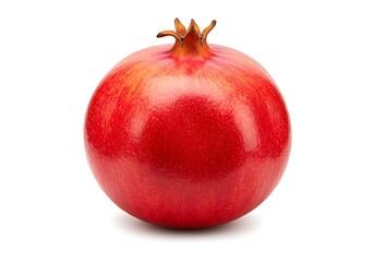 A single ripe pomegranate with a smooth red skin and a crown on top isolated on a white background
