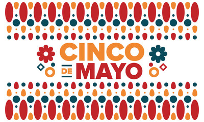 Cinco de Mayo in Mexico. Traditional mexican fiesta in May. National happy holiday with carnival, festival and parade. Latin american and spanish pattern. Illustration with sombrero. Vector poster