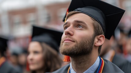 Fototapeta premium Grads gather for commencement day, filled with hope and achievement. A young man in a cap looks upward, contemplating future possibilities amid fellow graduates