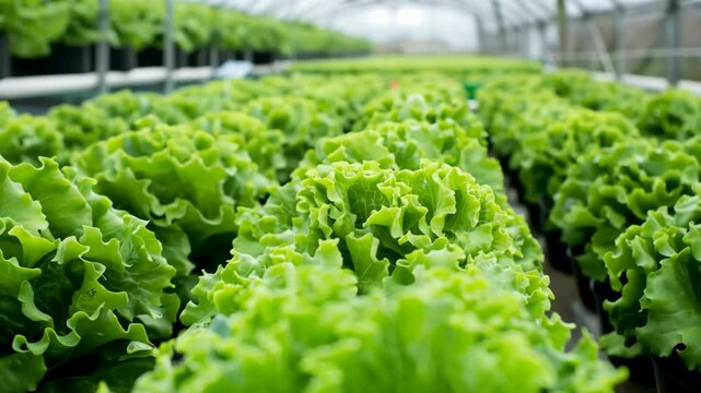 Rows of green lettuce growing in a greenhouse.