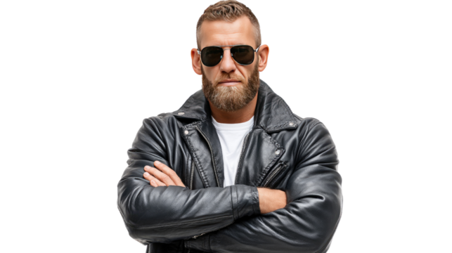 Rebellious Attitude: A strong, confident individual, arms crossed and exuding an aura of cool authority, is captured in a striking portrait, enhanced by stylish accessories.