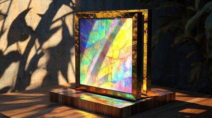 Colorful iridescent glass artwork in gold frame on wooden stand.