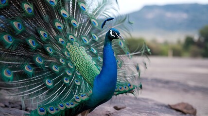 Fototapeta premium A majestic peacock displays its vibrant feathers, showcasing beauty and grace. The feathers display a stunning display of color and patterns