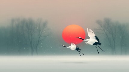 Serene Landscape with Cranes Flying Against a Vibrant Orange Sunset and Soft Snowfall, Creating a Peaceful Atmosphere in Nature's Beauty