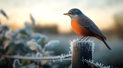A beautiful robin perched on a frosted post at dawn.