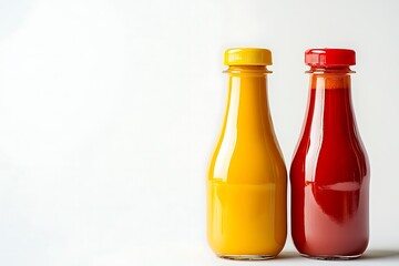 empty bottle of yellow mustard ketchup mayo chili red tomato homemade glass plastic container with no label Isolated White background Vertical package mockup close up space for text