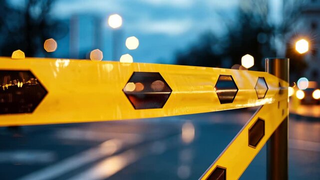 Yellow Caution Tape Across a Roadway with Blurred Background Lights