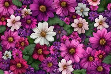 Fototapeta premium Intricate floral pattern with vibrant flowers in purple, pink, and white, featuring a central blank card or frame for text or imagery
