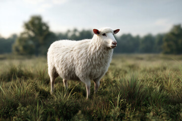 Obraz premium A fluffy white sheep grazes peacefully in a grassy field under a serene sky. Rural tranquility.
