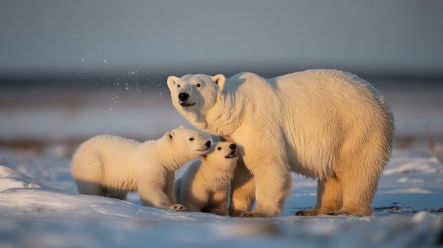 A polar bear family in the snowy arctic landscape. The polar bear family is standing together in the snow. The mother bear is nuzzling her two cubs