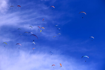 group of paragliders flying in blue sky and white clouds