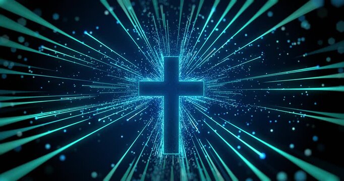Cross animation with lights and particles on blue. Easter, resurrection, new life, church background 4k. I made this video with After Effects, using its 3D animation features.